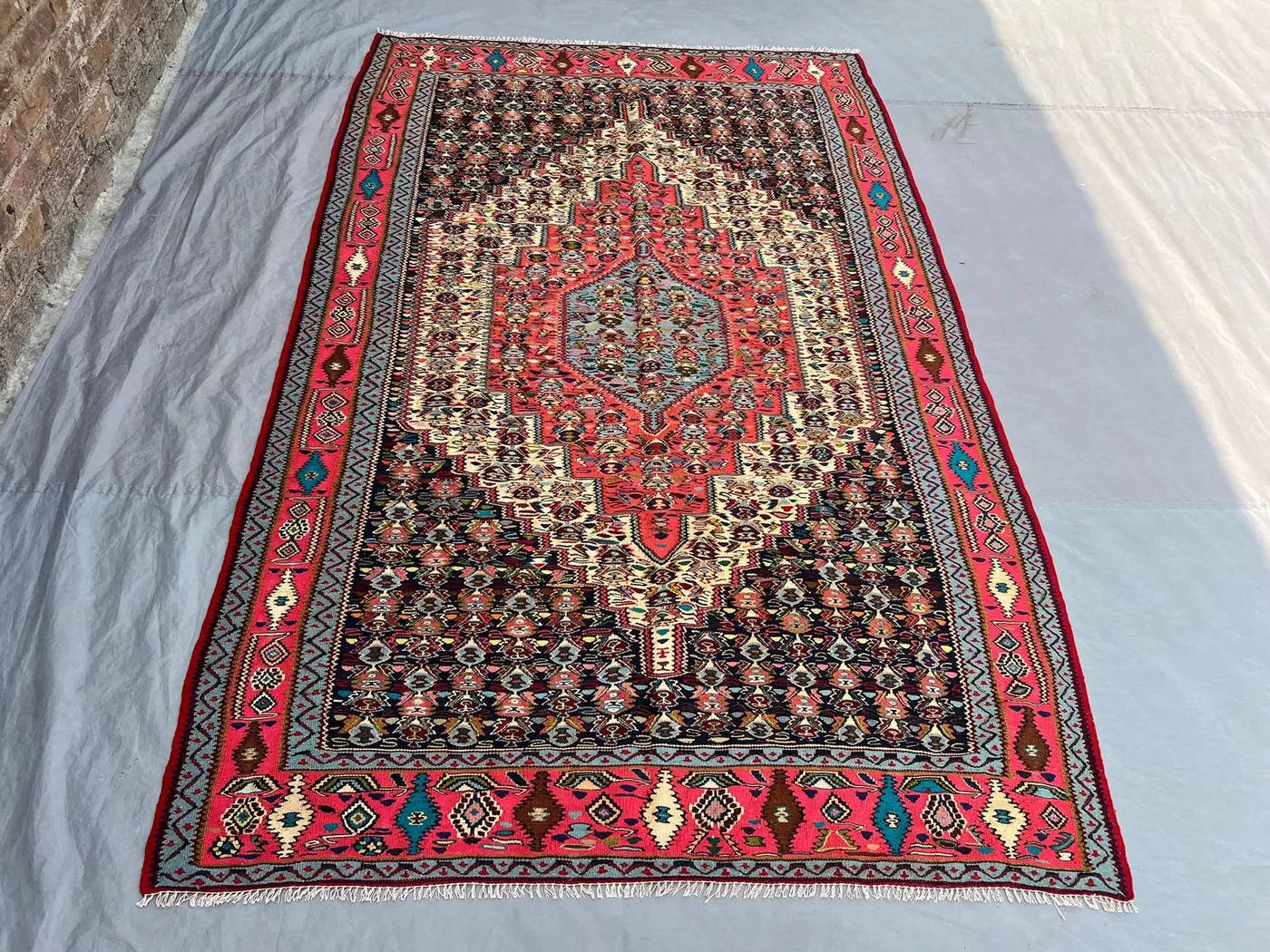 5x7'11 Vintage Afghan Tribal Kilim Handwoven Wool Flatweave Diamond Medallion Hot Pink Navy Multicolor Area Rug | Living Room Bedroom Decor
