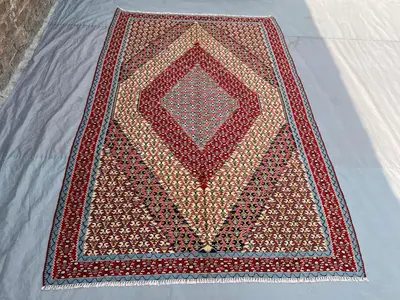 5'3x7'11 Ft Vintage Afghan Kilim Handwoven Wool Flatweave Diamond Medallion Deep Red Ivory Multicolor Area Rug