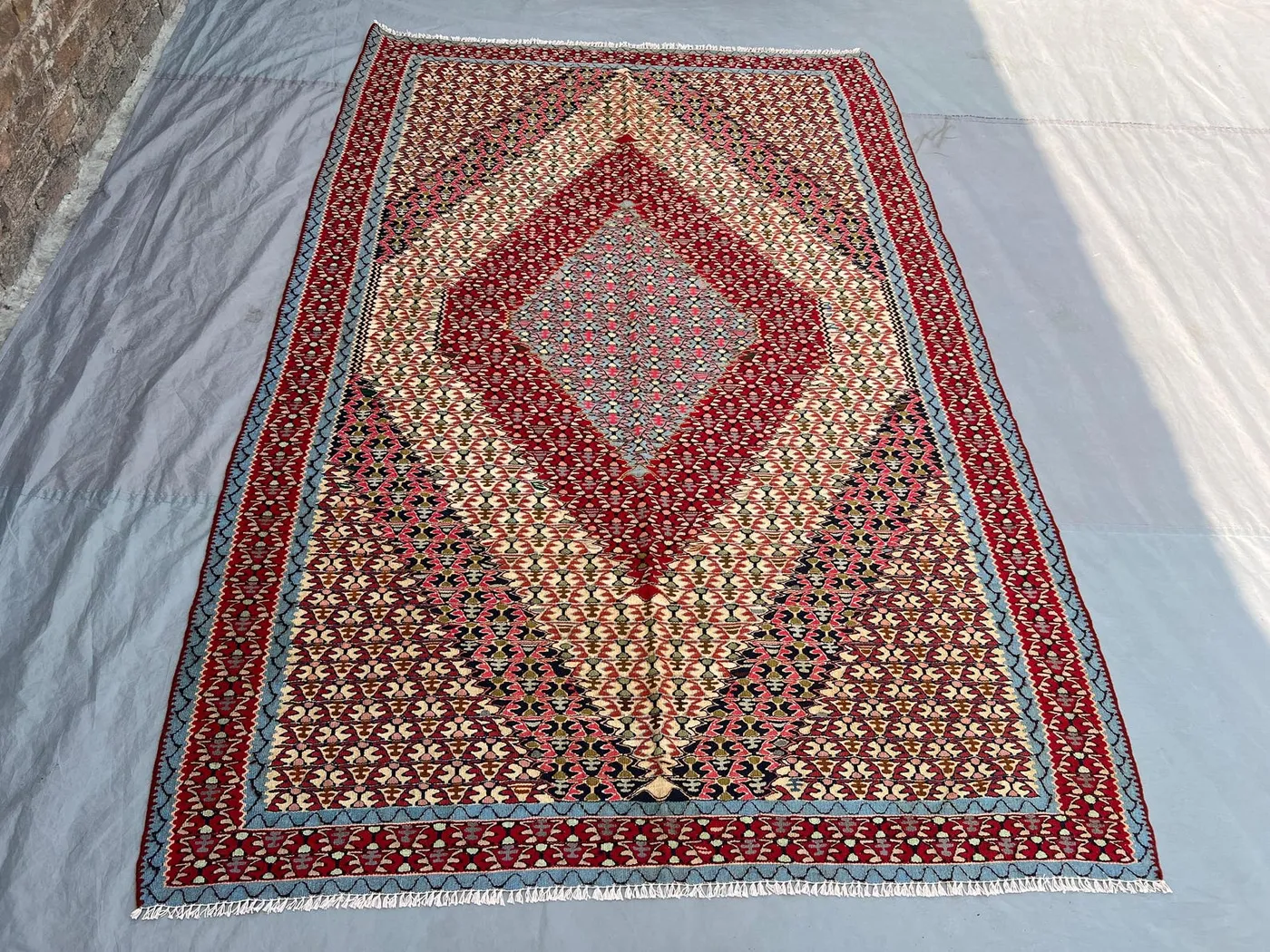 5'3x7'11 Ft Vintage Afghan Kilim Handwoven Wool Flatweave Diamond Medallion Deep Red Ivory Multicolor Area Rug | Living Room Bedroom Decor