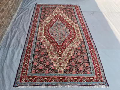 4'10x8'4 Vintage Afghan Tribal Kilim Handwoven Wool Flatweave Grand Diamond Medallion Navy Pink Ivory Area Rug
