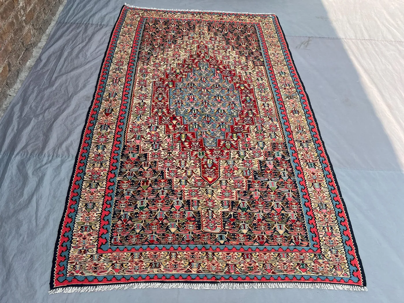 5'1x8 Ft Vintage Afghan Kilim Handwoven Wool Flatweave All-Over Boteh Navy Sky Blue Red Multicolor Area Rug | Living Room Bedroom Decor
