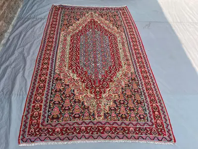4'11x7'9 Ft Vintage Afghan Kilim Handwoven Wool Flatweave Elongated Pointed Medallion Deep Red Navy Sky Blue A