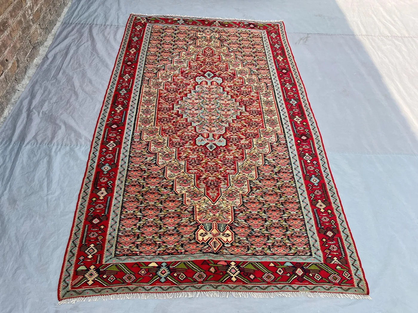 4'10x8'3 Ft Vintage Afghan Kilim Handwoven Wool Flatweave Stepped Diamond Medallion Coral Pink Red Olive Multicolor Area Rug | Living Room