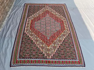 5'3x7'9 Vintage Afghan Kilim Handwoven Wool Flatweave Large Diamond Medallion Sky Blue Red Multicolor Area Rug