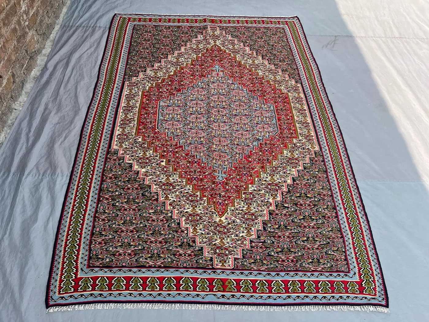 5'3x7'9 Vintage Afghan Kilim Handwoven Wool Flatweave Large Diamond Medallion Sky Blue Red Multicolor Area Rug | Living Room Bedroom Decor