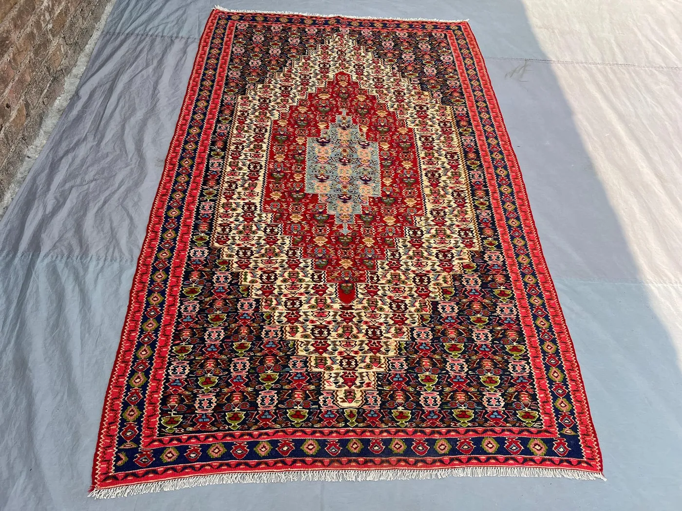 4'11x8 Antique Afghan Senneh Kilim Flatweave | Red Ivory Sky Blue Diamond Medallion | Handwoven Wool Rug for Living Room Dining Room Bedroom