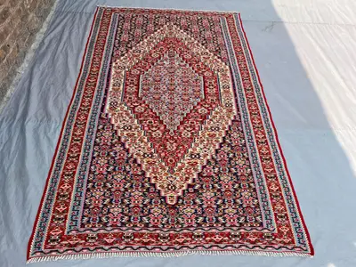 4'10x8 Vintage Afghan Senneh Kilim Flatweave | Navy Red Ivory Large Diamond Medallion | Handwoven Wool Rug Liv