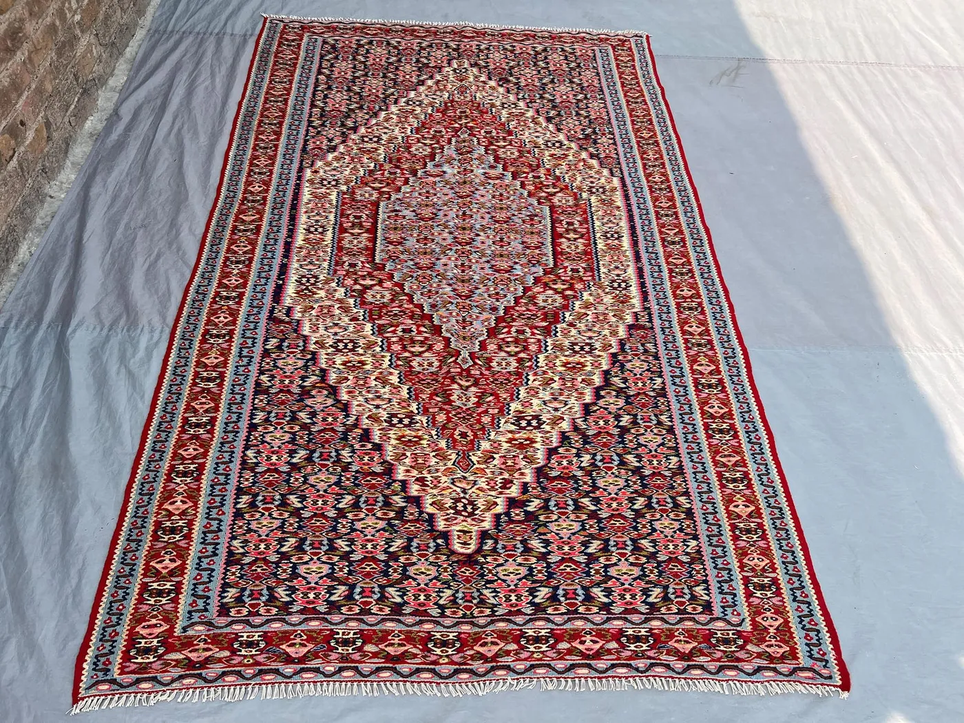 4'10x8 Vintage Afghan Senneh Kilim Flatweave | Navy Red Ivory Large Diamond Medallion | Handwoven Wool Rug Living Room Dining Room Bedroom