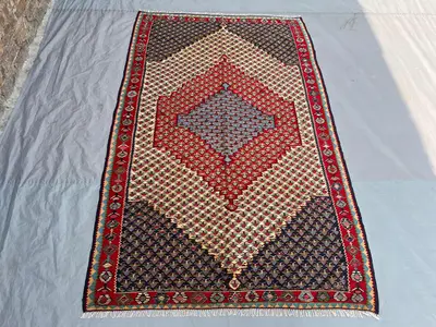 4'2x6'7 Vintage Afghan Senneh Kilim Flatweave | Navy Red Ivory Large Diamond Medallion | Handwoven Wool Rug fo