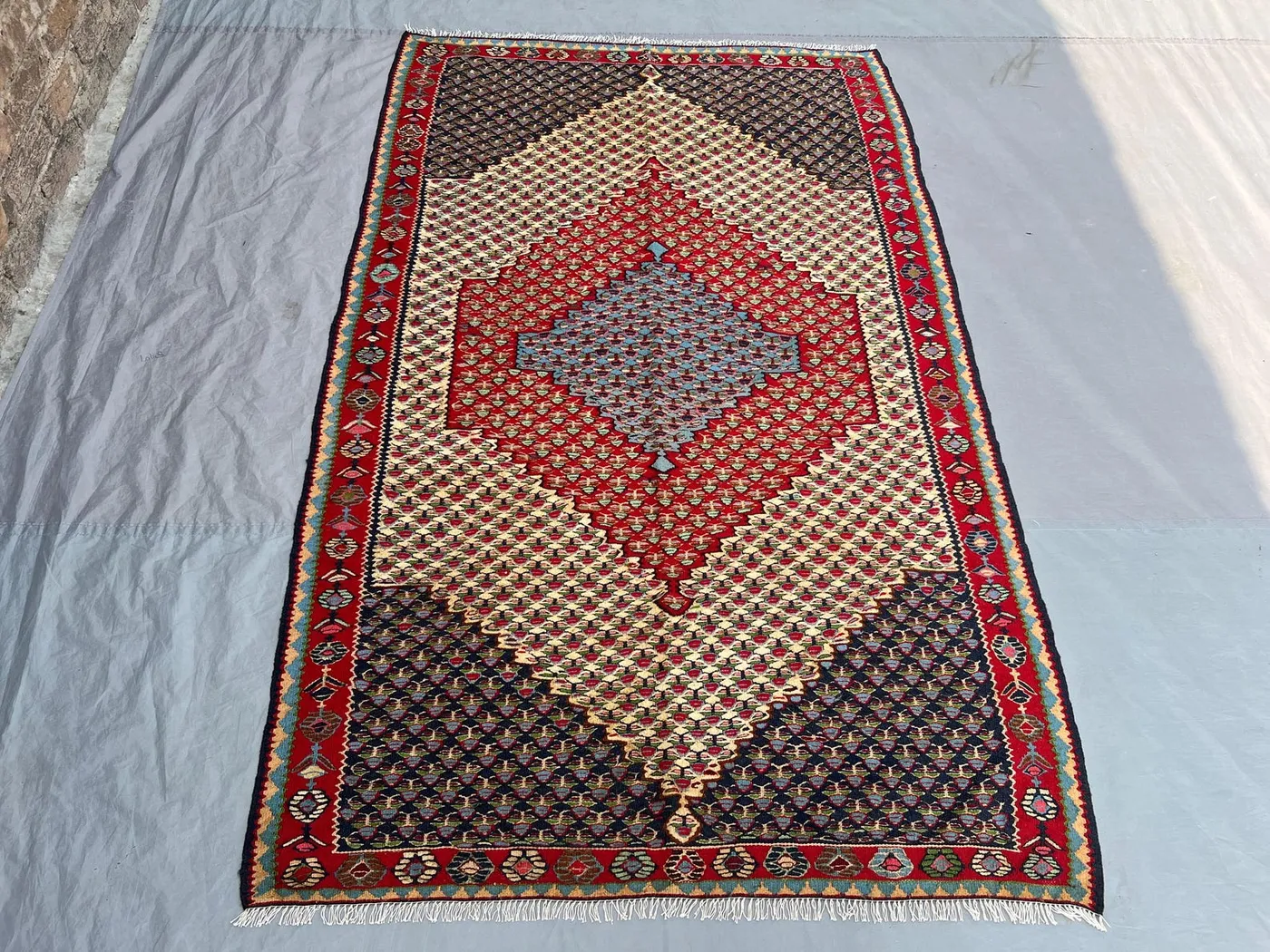 4'2x6'7 Vintage Afghan Senneh Kilim Flatweave | Navy Red Ivory Large Diamond Medallion | Handwoven Wool Rug for Living Room Bedroom Entryway