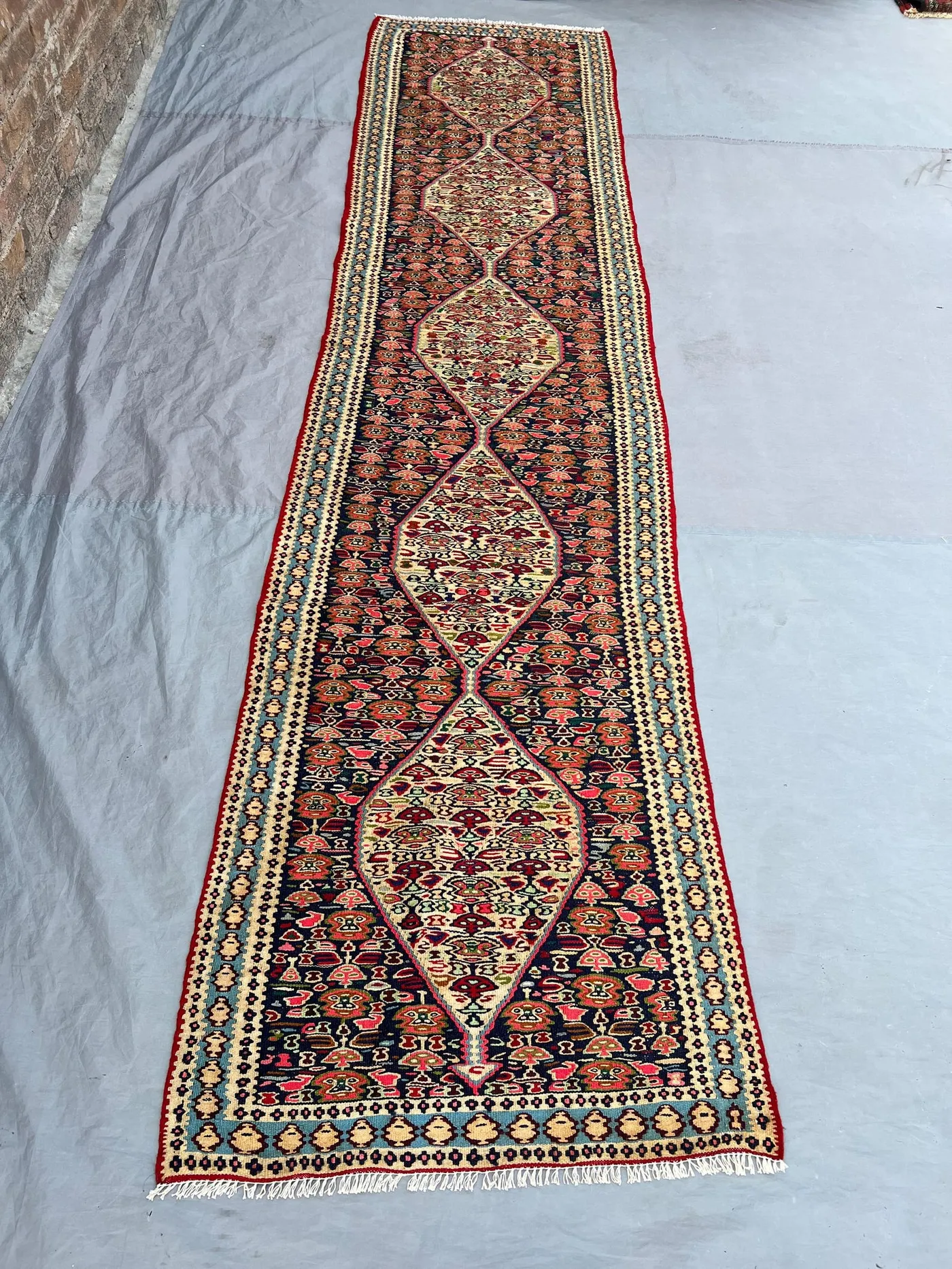 2'6x10'3 Ft Vintage Afghan Kilim Handwoven Wool Flatweave Linked Diamond Medallion Navy Ivory Red Orange Long Runner | Hallway Staircase