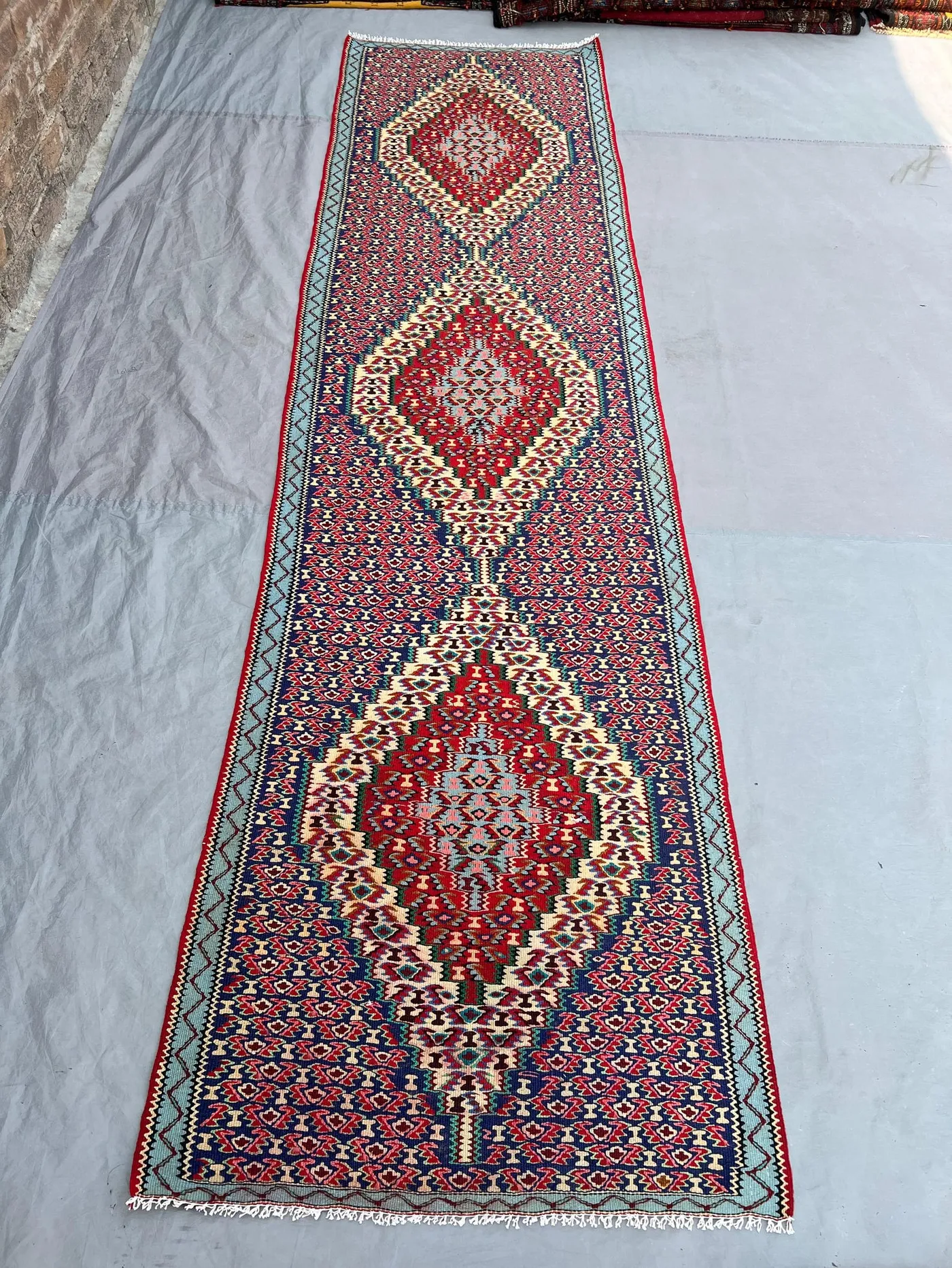 2'8x9'11 Ft Vintage Afghan Senneh Kilim Runner Flatweave | Navy Red Ivory Medallion Chain | Handwoven Wool Rug for Hallway Kitchen Staircase