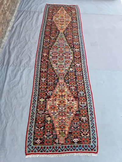2'6x9'2 Vintage Afghan Senneh Kilim Runner Flatweave | Coral Red Ivory Medallion Chain | Handwoven Wool Rug fo