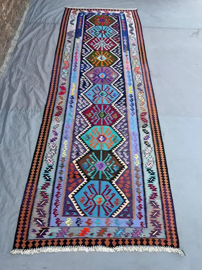 3'4x9'6 Vintage Afghan Kilim Handwoven Wool Flatweave Bold Hexagonal Bird Medallion Navy Purple Teal Multicolo