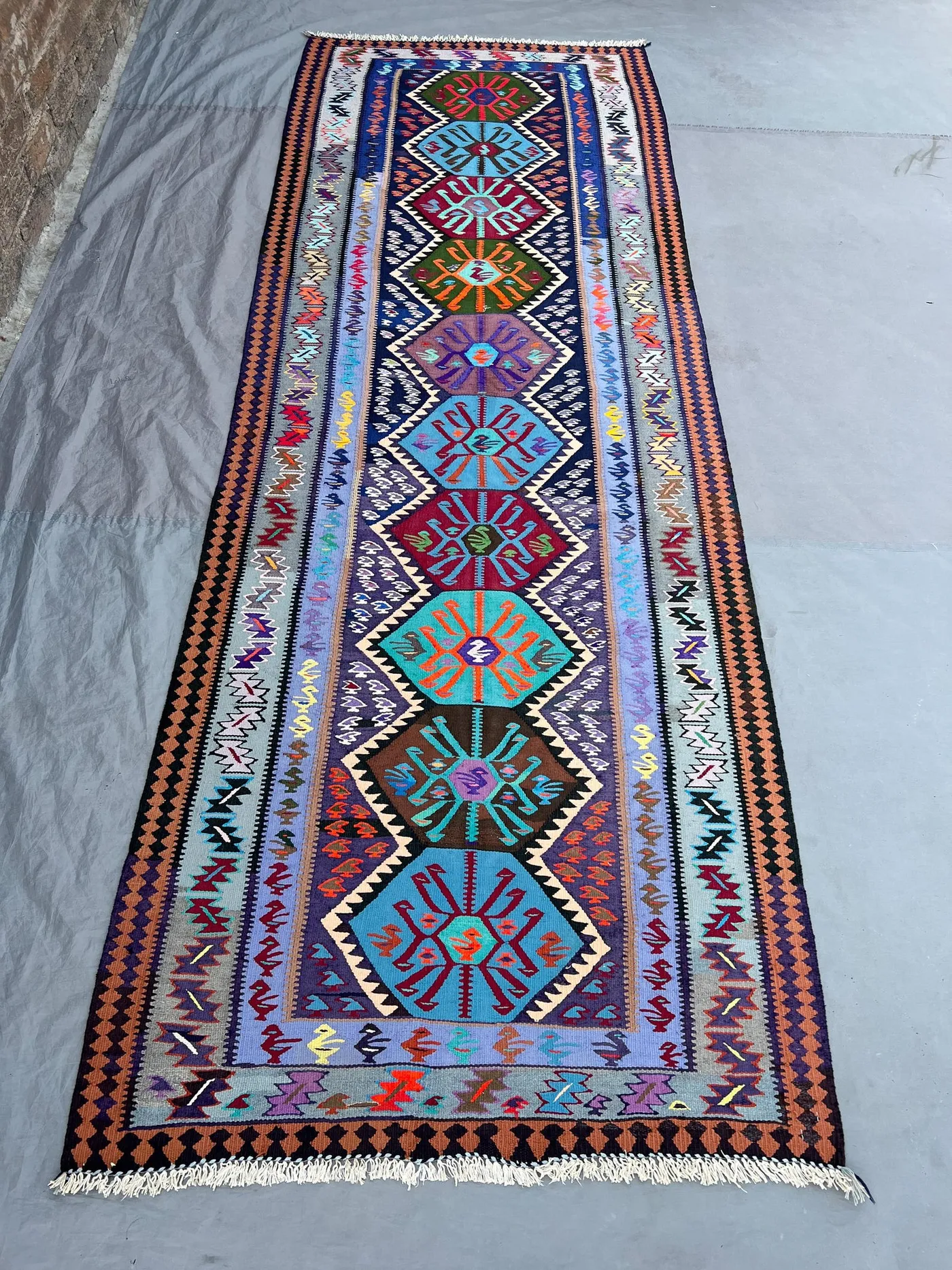 3'4x9'6 Vintage Afghan Kilim Handwoven Wool Flatweave Bold Hexagonal Bird Medallion Navy Purple Teal Multicolor Runner | Hallway Entryway