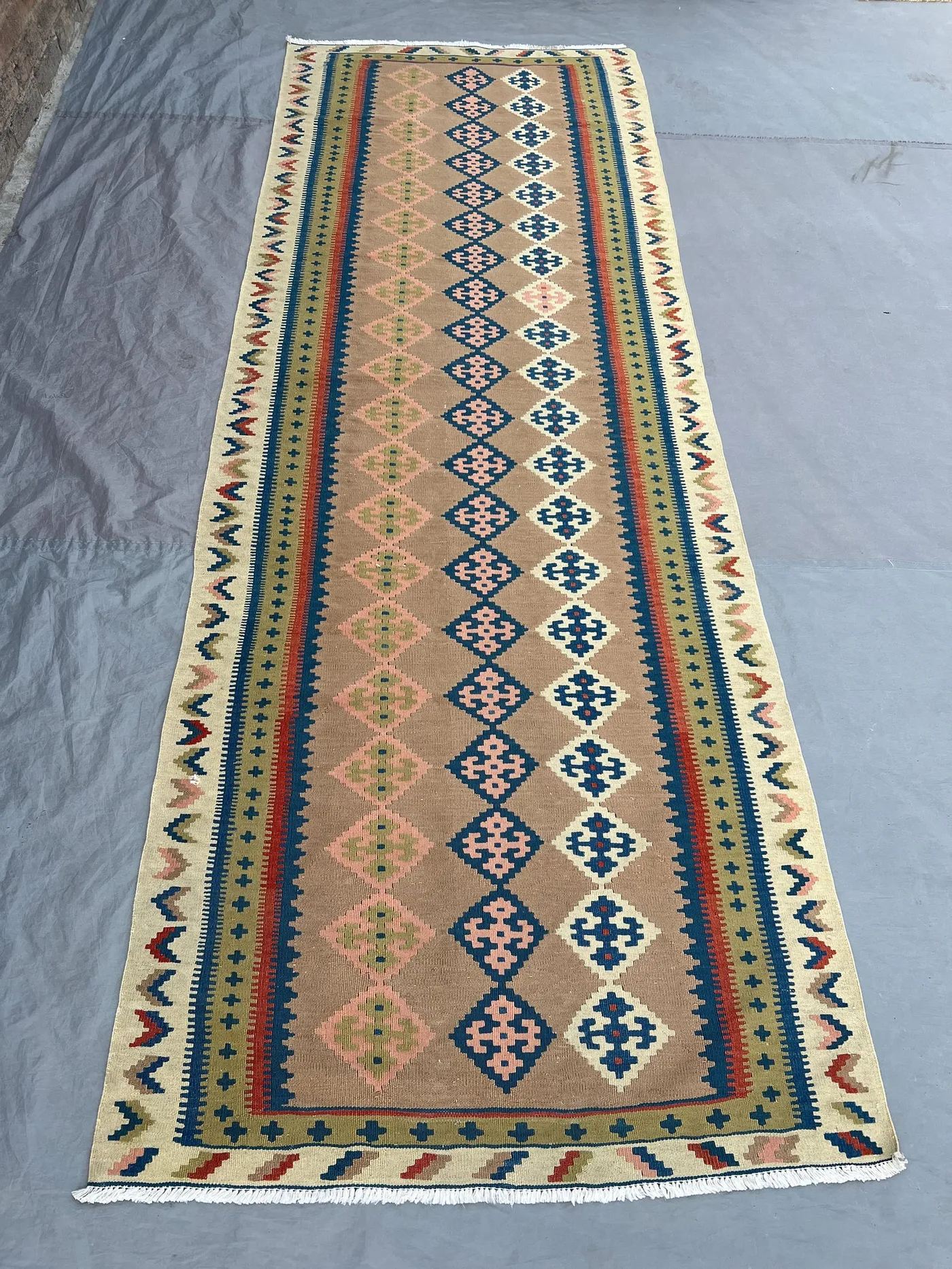 3'4x9'5 Ft Vintage Afghan Kilim Handwoven Wool Flatweave Three-Column Diamond Lattice Camel Pink Teal Blue Runner | Hallway Entryway