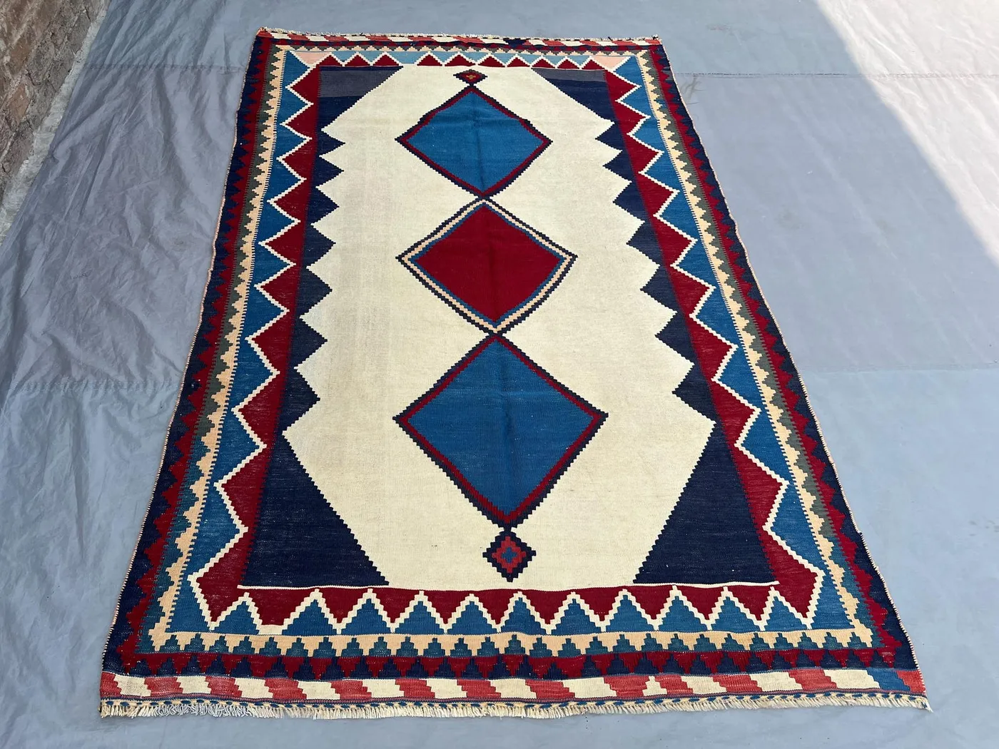 5'3x8'3 Ft Vintage Afghan Kilim Handwoven Wool Flatweave Bold Open Field Triple Diamond Ivory Royal Blue Deep Red Area Rug | Modern Decor