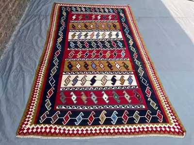 5'4x9 Ft Vintage Afghan Tribal Bird Animal Motif Kilim Rug, Handwoven Red Navy Gold Multicolor Wool Flatweave 