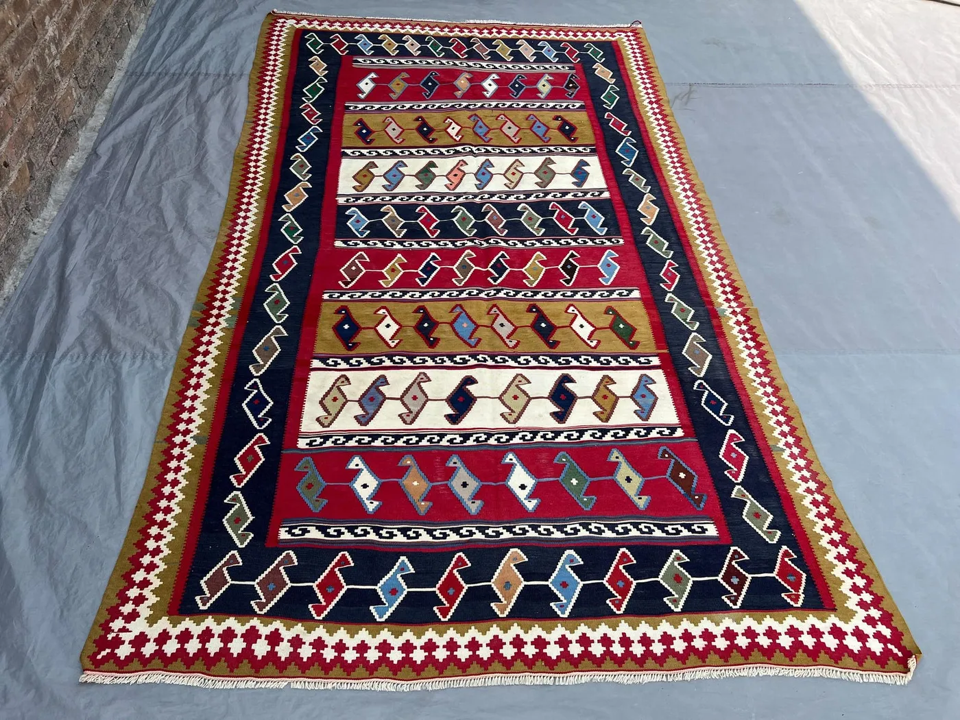 5'4x9 Ft Vintage Afghan Tribal Bird Animal Motif Kilim Rug, Handwoven Red Navy Gold Multicolor Wool Flatweave Living Dining Room Boho Decor