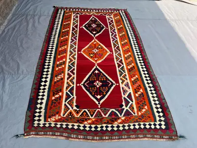 5'1x8'7 Ft Vintage Afghan Tribal Kilim Rug, Handwoven Triple Diamond Medallion Red Orange Wool Flatweave | Liv
