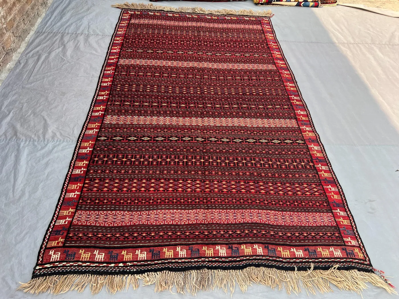 5'6x9'5 Ft Vintage Afghan Baluchi Soumak Kilim Rug, Handwoven Deep Red Geometric Diamond Wool Flatweave | Living Room Boho Decor