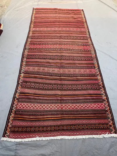 5'9x12 Vintage Afghan Kilim Flatweave Runner | Multicolor Allover Horizontal Stripe Geometric Tribal Wool Kili