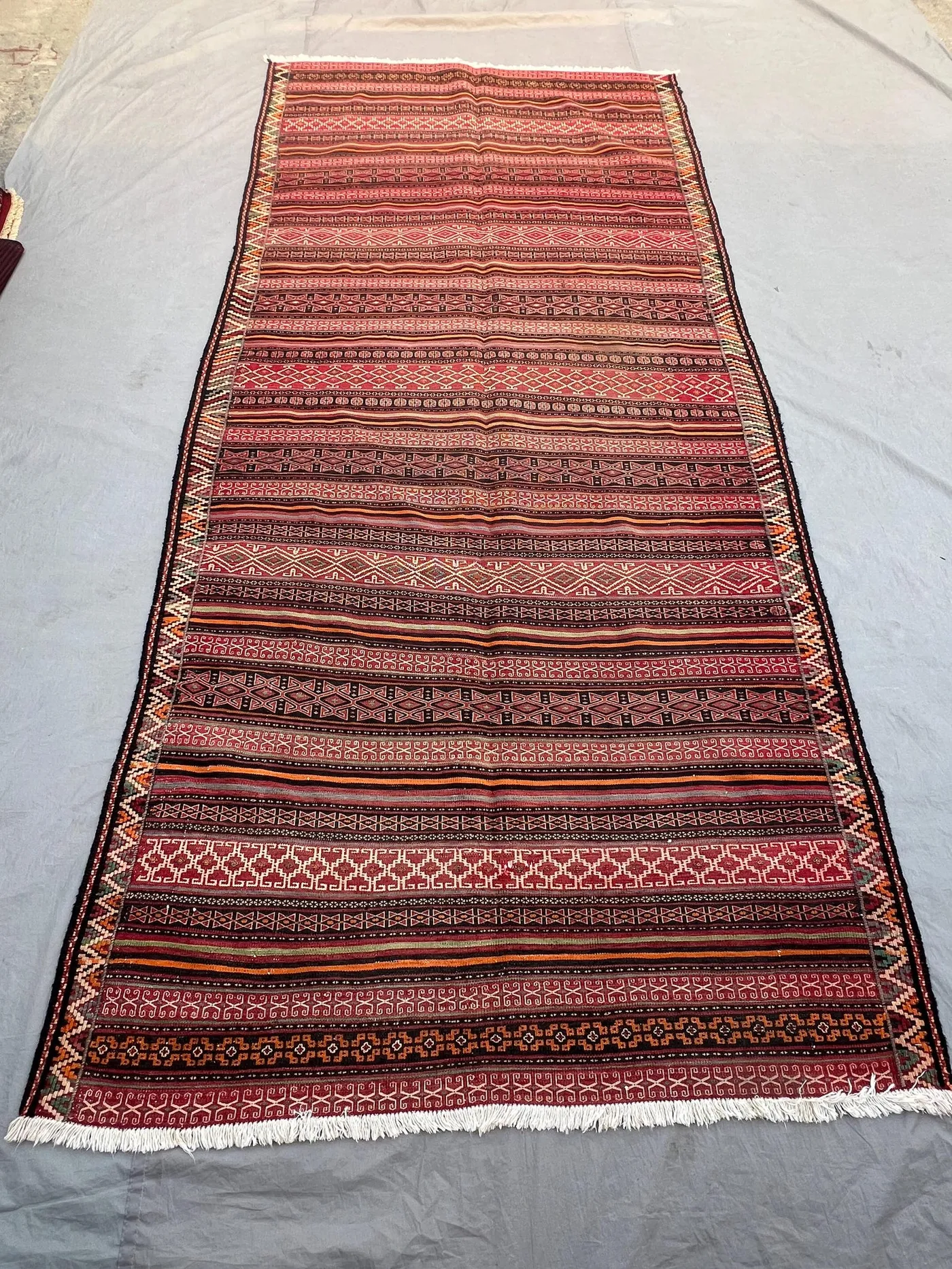 5'9x12 Vintage Afghan Kilim Flatweave Runner | Multicolor Allover Horizontal Stripe Geometric Tribal Wool Kilim | Hallway, Boho Living Room