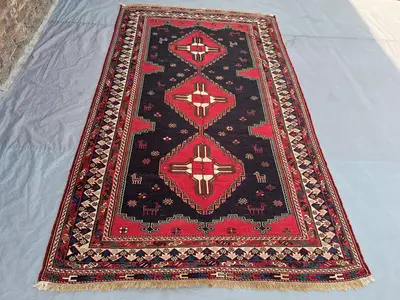 5x8'5 Ft Vintage Afghan Baluchi Pile Rug, Handknotted Triple Diamond Medallion Deep Black Red Wool | Living Ro