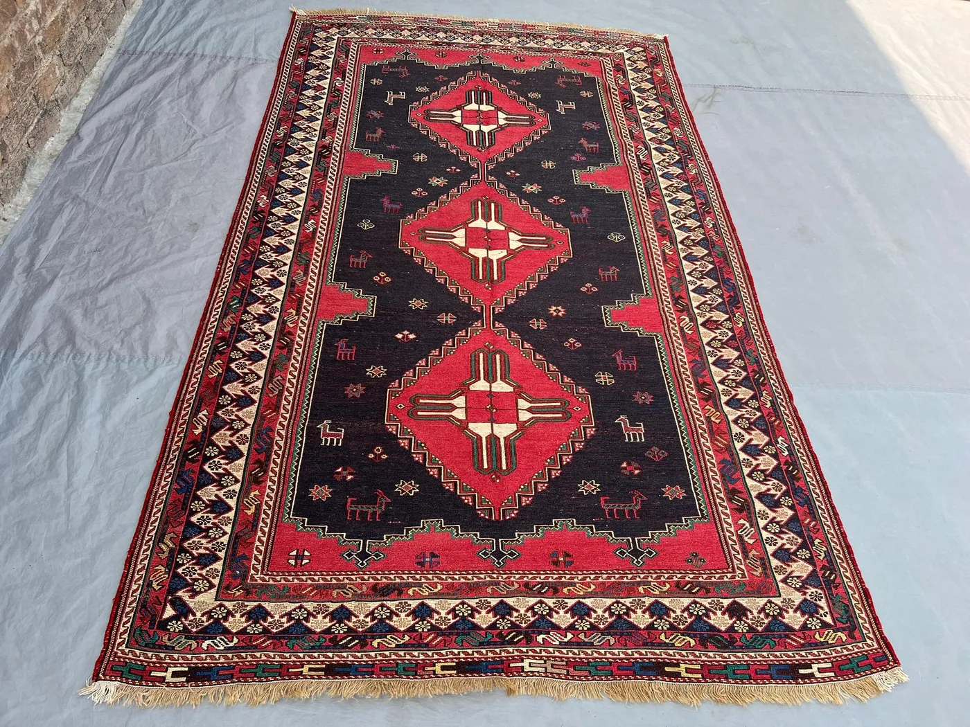 5x8'5 Ft Vintage Afghan Baluchi Pile Rug, Handknotted Triple Diamond Medallion Deep Black Red Wool | Living Room Boho Eclectic Decor