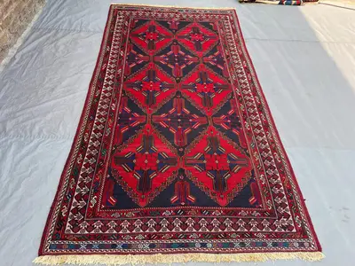 4'10x9'3 Ft Vintage Afghan Turkmen Ersari Handknotted Pile Rug, All-Over Diamond Gul Red Navy Wool | Living Ro