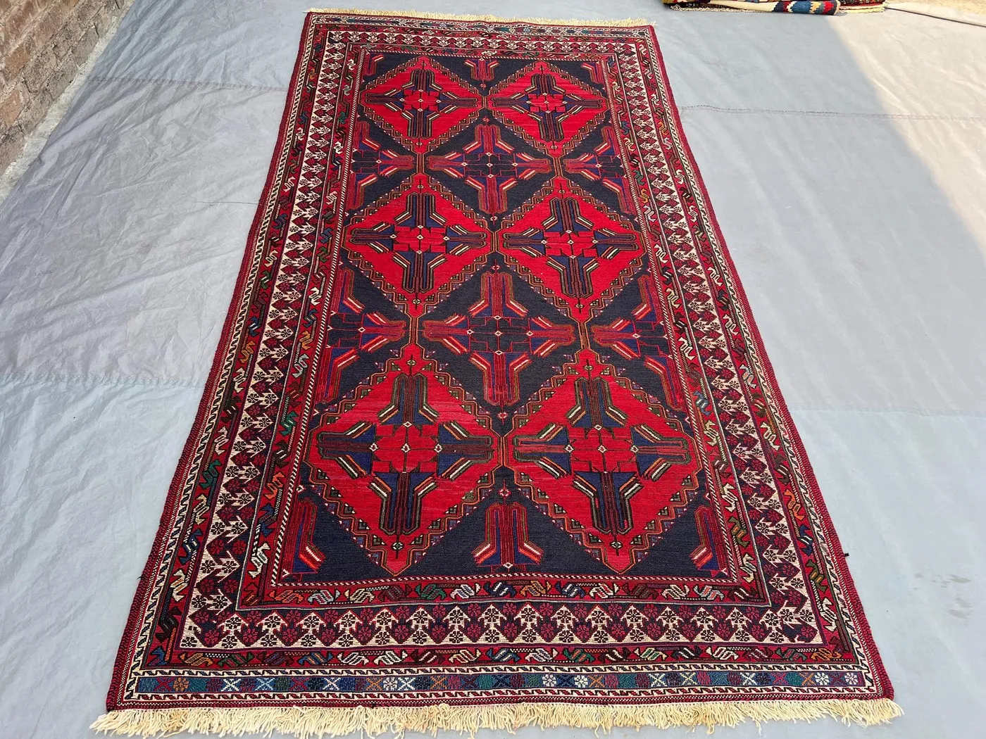 4'10x9'3 Ft Vintage Afghan Turkmen Ersari Handknotted Pile Rug, All-Over Diamond Gul Red Navy Wool | Living Room Traditional Decor