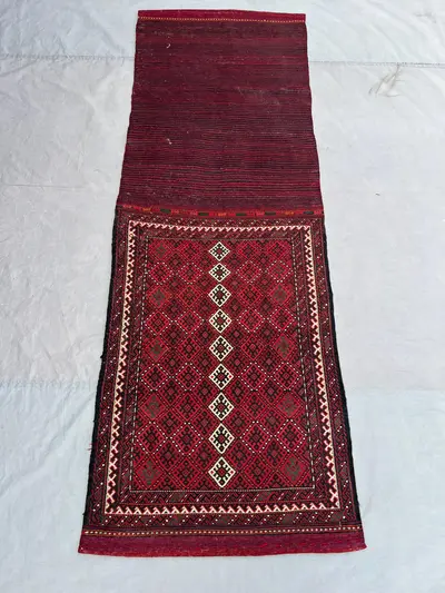 2'5x7'2 Ft Vintage Afghan Tribal Wool Saddle Bag Torba Deep Red Diamond Geometric Soumak Face Panel Boho Wall 