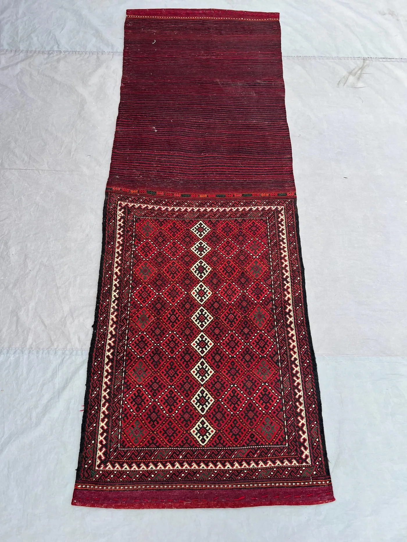 2'5x7'2 Ft Vintage Afghan Tribal Wool Saddle Bag Torba Deep Red Diamond Geometric Soumak Face Panel Boho Wall Hanging Collector Textile