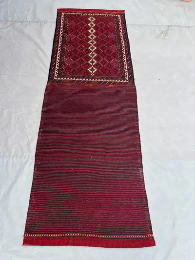 2'5x7'1 Ft Vintage Afghan Tribal Wool Saddle Bag Torba Dark Red Diamond Geometric Decorated Face Panel Boho Wa