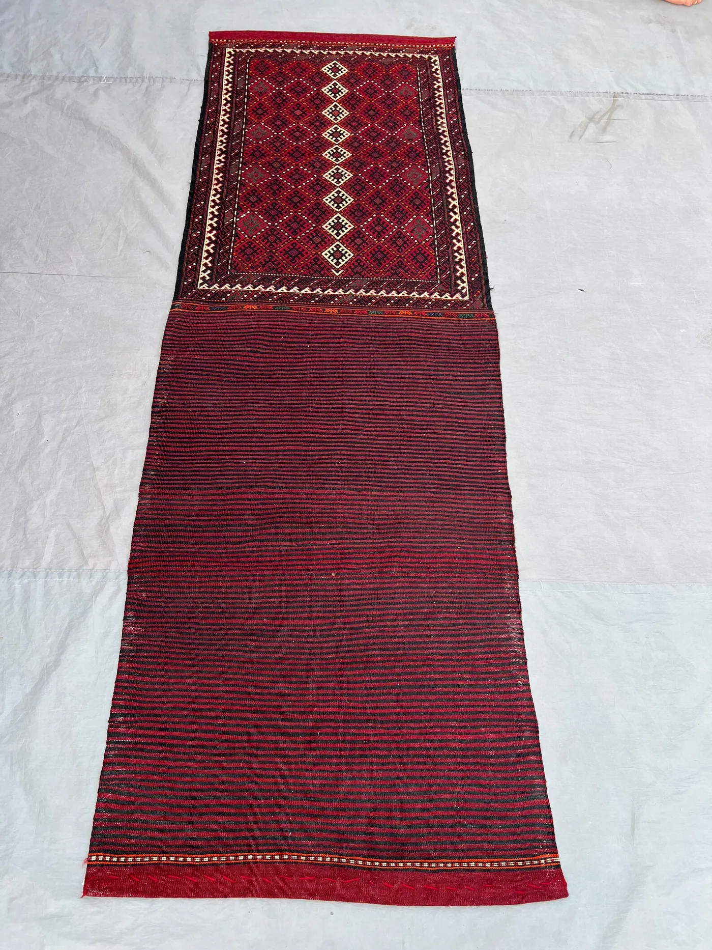 2'5x7'1 Ft Vintage Afghan Tribal Wool Saddle Bag Torba Dark Red Diamond Geometric Decorated Face Panel Boho Wall Hanging Collector Piece
