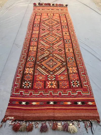 5x13'4 Ft Vintage Afghan Kilim Flatweave Runner | Fiery Orange Red Geometric Diamond Medallion Tribal Wool Kil