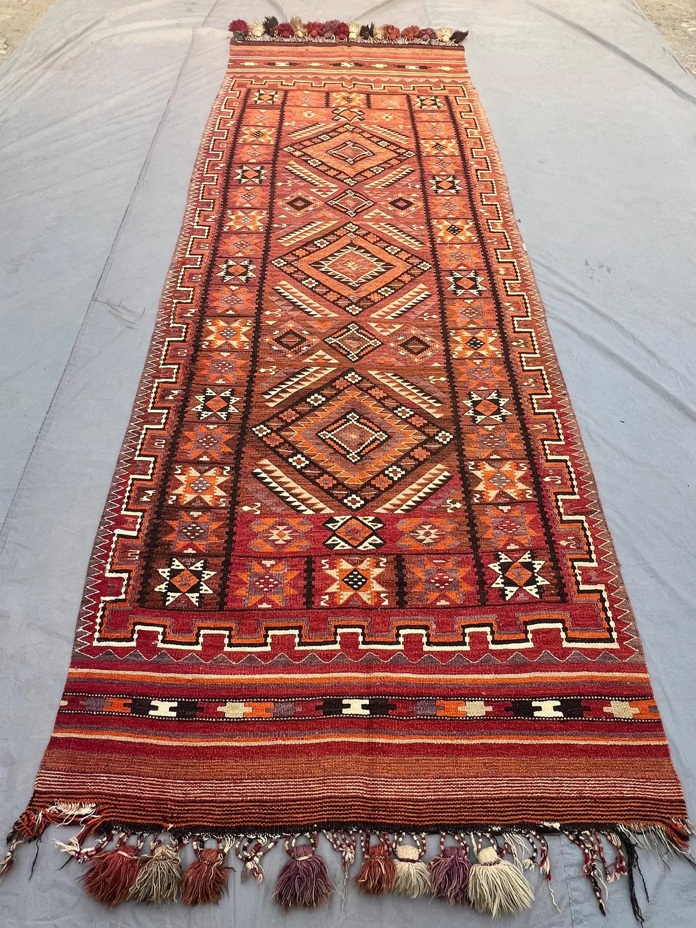 5x13'4 Ft Vintage Afghan Kilim Flatweave Runner | Fiery Orange Red Geometric Diamond Medallion Tribal Wool Kilim | Hallway, Boho Living Room