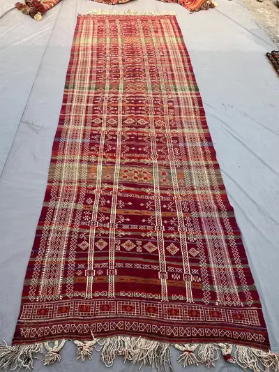 5x12'11 Antique Afghan Kilim Runner | Flat Weave Wool Hallway Runner Deep Red Ivory Vertical Stripe Geometric 