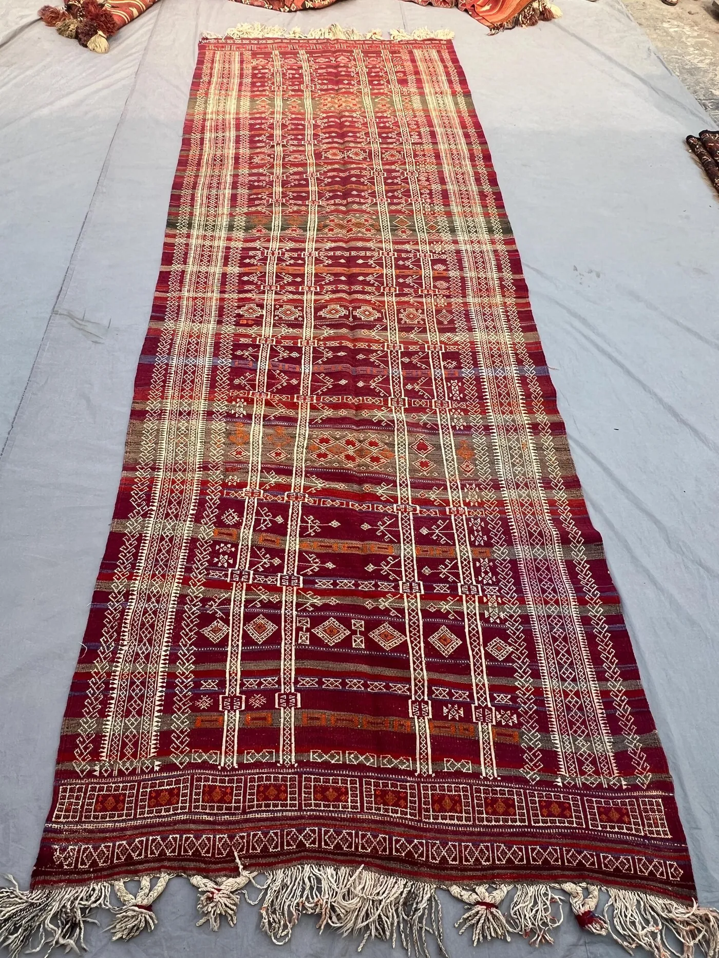 5x12'11 Antique Afghan Kilim Runner | Flat Weave Wool Hallway Runner Deep Red Ivory Vertical Stripe Geometric Kilim Runner Staircase Runner