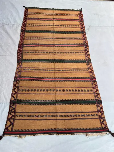 3'9x7'6 Ft Vintage Afghan Flat Woven Wool Kilim Warm Camel Tan Green Red Stripe Star Geometric Tribal Boho Liv