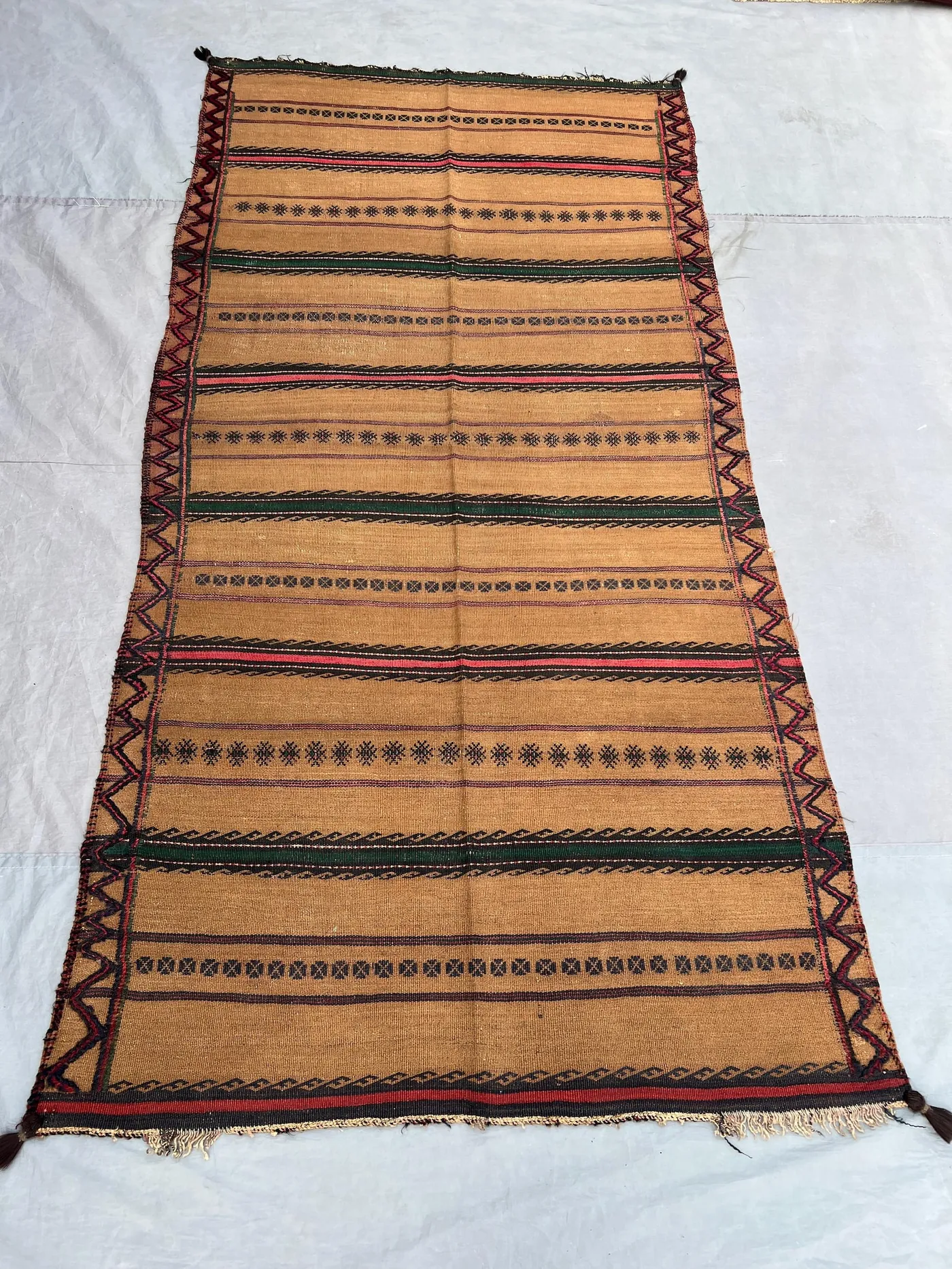 3'9x7'6 Ft Vintage Afghan Flat Woven Wool Kilim Warm Camel Tan Green Red Stripe Star Geometric Tribal Boho Living Room Bedroom Area Carpet