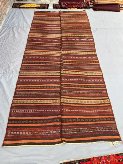4'9x11 Vintage Afghan Flat Woven Wool Kilim Double Panel Earthy Orange Rust Brown Stripe Geometric Tribal Boho