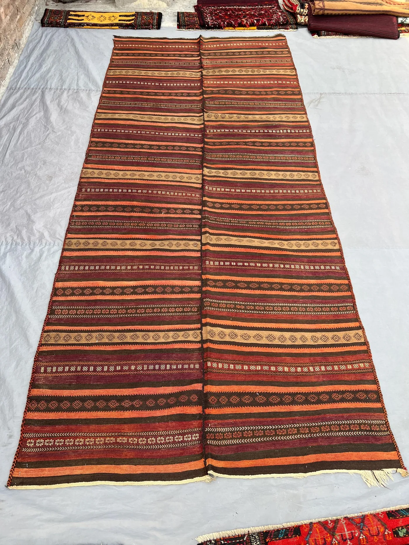 4'9x11 Vintage Afghan Flat Woven Wool Kilim Double Panel Earthy Orange Rust Brown Stripe Geometric Tribal Boho Hallway Living Room Carpet