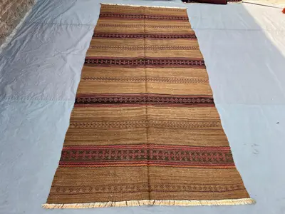 4'5x9'10 Vintage Afghan Flat Woven Natural Wool Kilim Camel Hair Ground Pink Brown Orange Stripe Geometric Tri