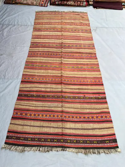 3'10x9'9 ft Vintage Afghan Kilim Runner, Handmade Flatweave Wool Rug, Long Hallway Runner Rug, Neutral Striped