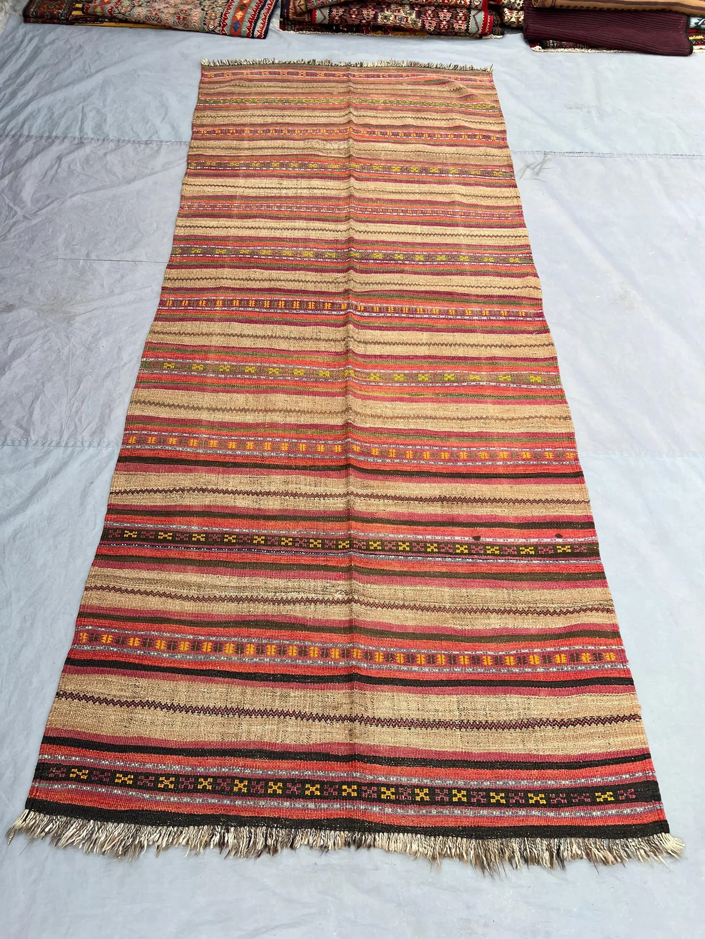 3'10x9'9 ft Vintage Afghan Kilim Runner, Handmade Flatweave Wool Rug, Long Hallway Runner Rug, Neutral Striped Carpet, Boho Home Decor