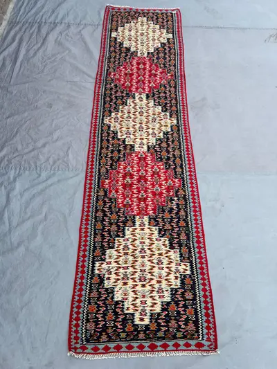 2'1x8'5 ft Vintage Afghan Kilim Runner, Handmade Flatweave Wool Rug, Narrow Hallway Runner Rug, Tribal Medalli