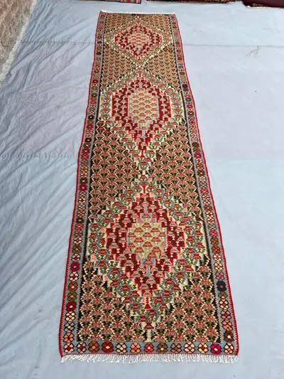 2'8x10'4 ft Vintage Afghan Kilim Runner, Handmade Flatweave Wool Rug, Long Hallway Runner Rug, Floral Medallio