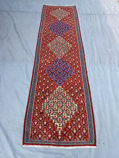 2'7x9'3 ft Vintage Afghan Kilim Runner, Handmade Flatweave Wool Rug, Long Hallway Runner Rug, Floral Medallion