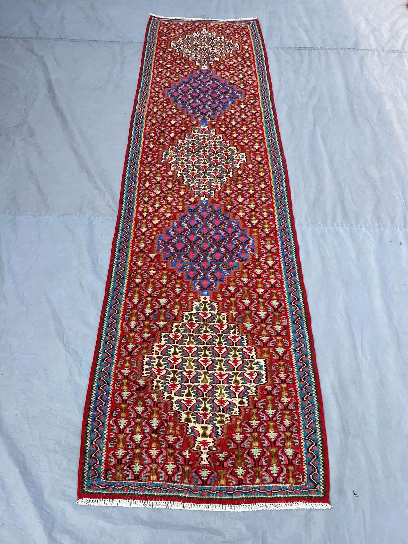 2'7x9'3 ft Vintage Afghan Kilim Runner, Handmade Flatweave Wool Rug, Long Hallway Runner Rug, Floral Medallion Carpet, Boho Home Decor